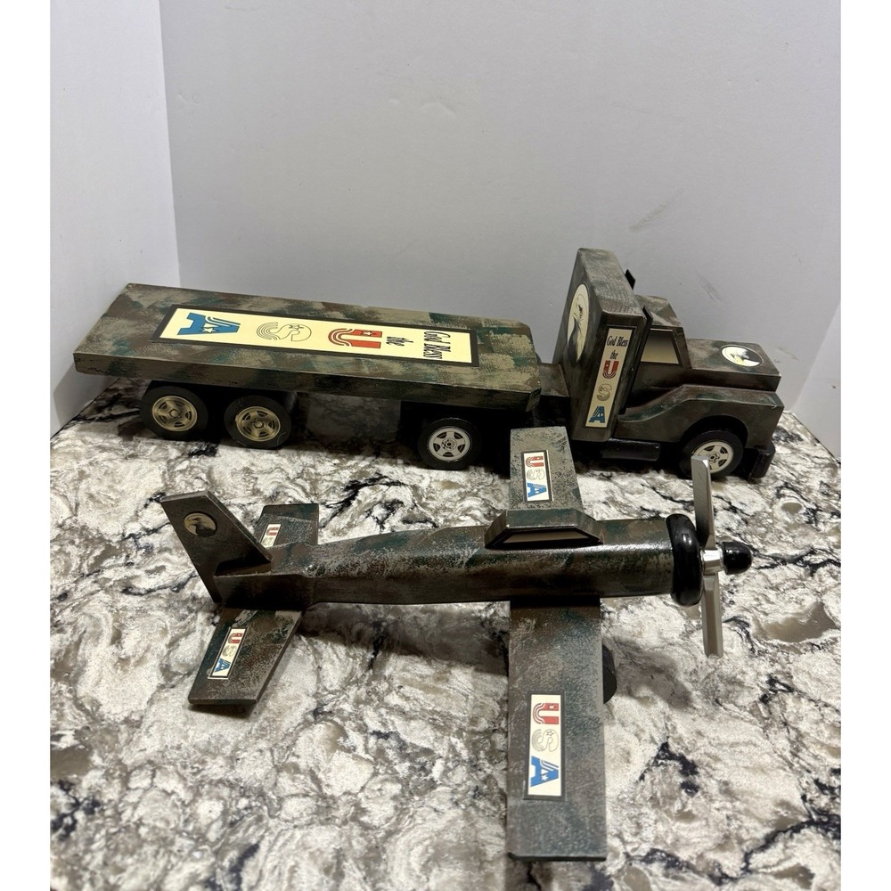 Handcrafted Wooden Camo Painted Airplane & Semi Tractor Trailer Truck USA